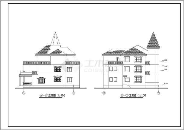 三层尖屋顶小洋楼建筑设计图（带露台）-图二