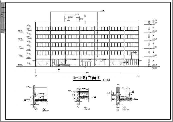 浙江杭州22米高五层电子厂房框架结构建筑施工设计cad平立面方案图纸_图1