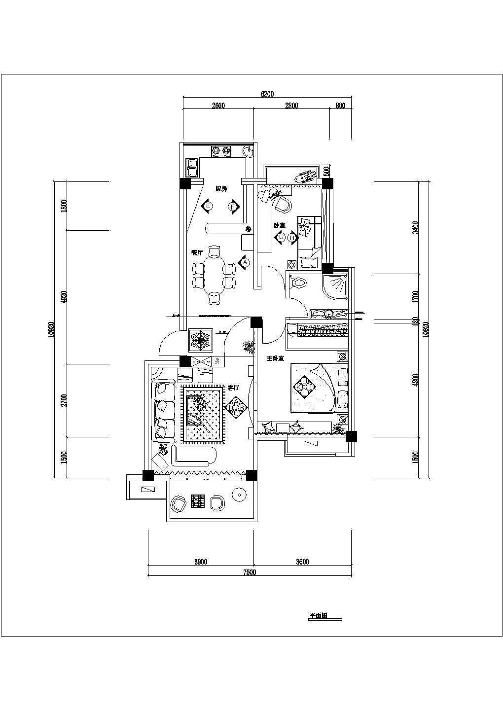 70多平米二居室现代风格家装设计施工平面cad布置方案图纸