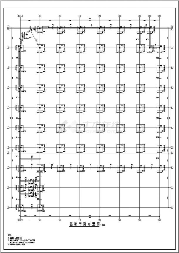 青岛两层大型超市框架结构施工cad设计平面布置图纸(混凝土独立柱基)-图一