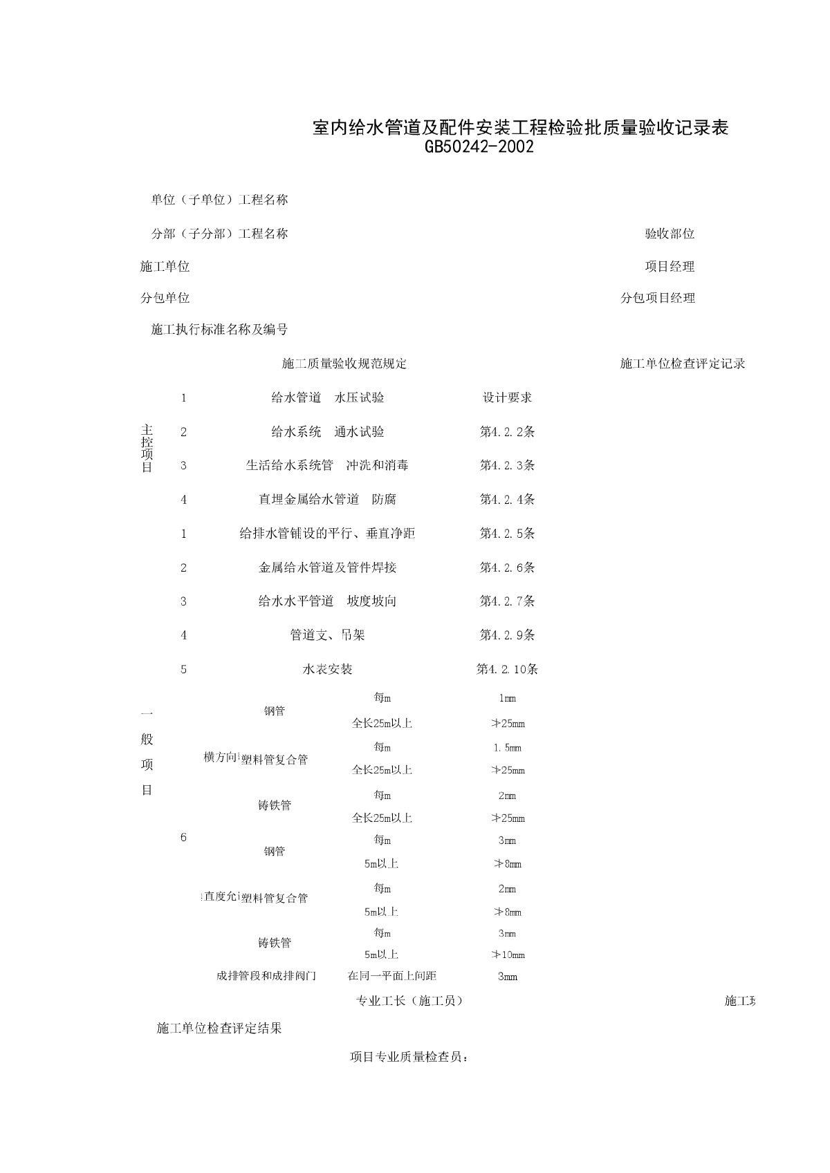 室内给水管道及配件安装工程检验批质量验收记录表-图一