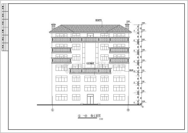 六层沿街底商综合楼坡面屋顶青砖白墙蓝瓦建筑设计施工cad平立面方案图-图二