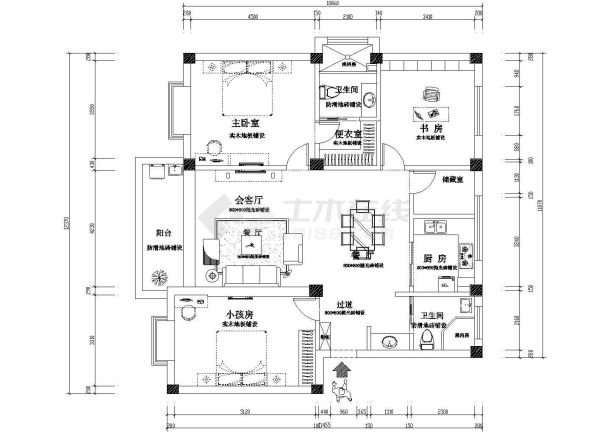 130平舒适宽敞大三房三室两厅装修设计cad施工平面布置图纸-图一