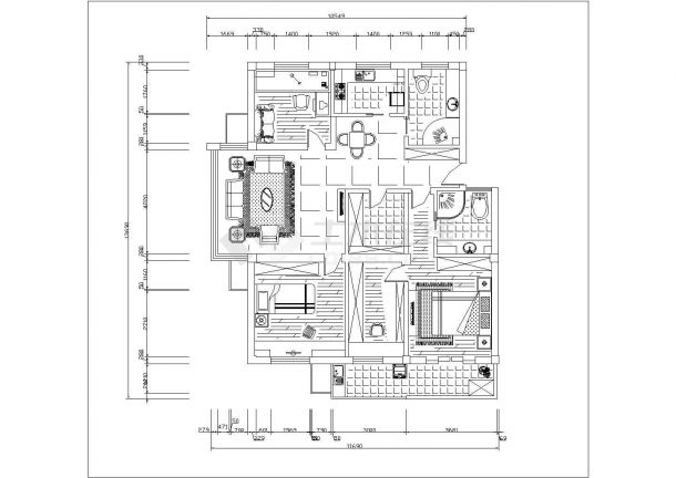 100平方紧凑型小三房两卧室带书房室内装修设计cad平面布置方案图纸-图一