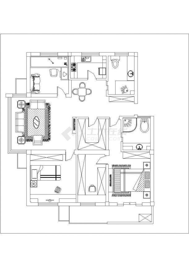 100平方紧凑型小三房两卧室带书房室内装修设计cad平面布置方案图纸-图二