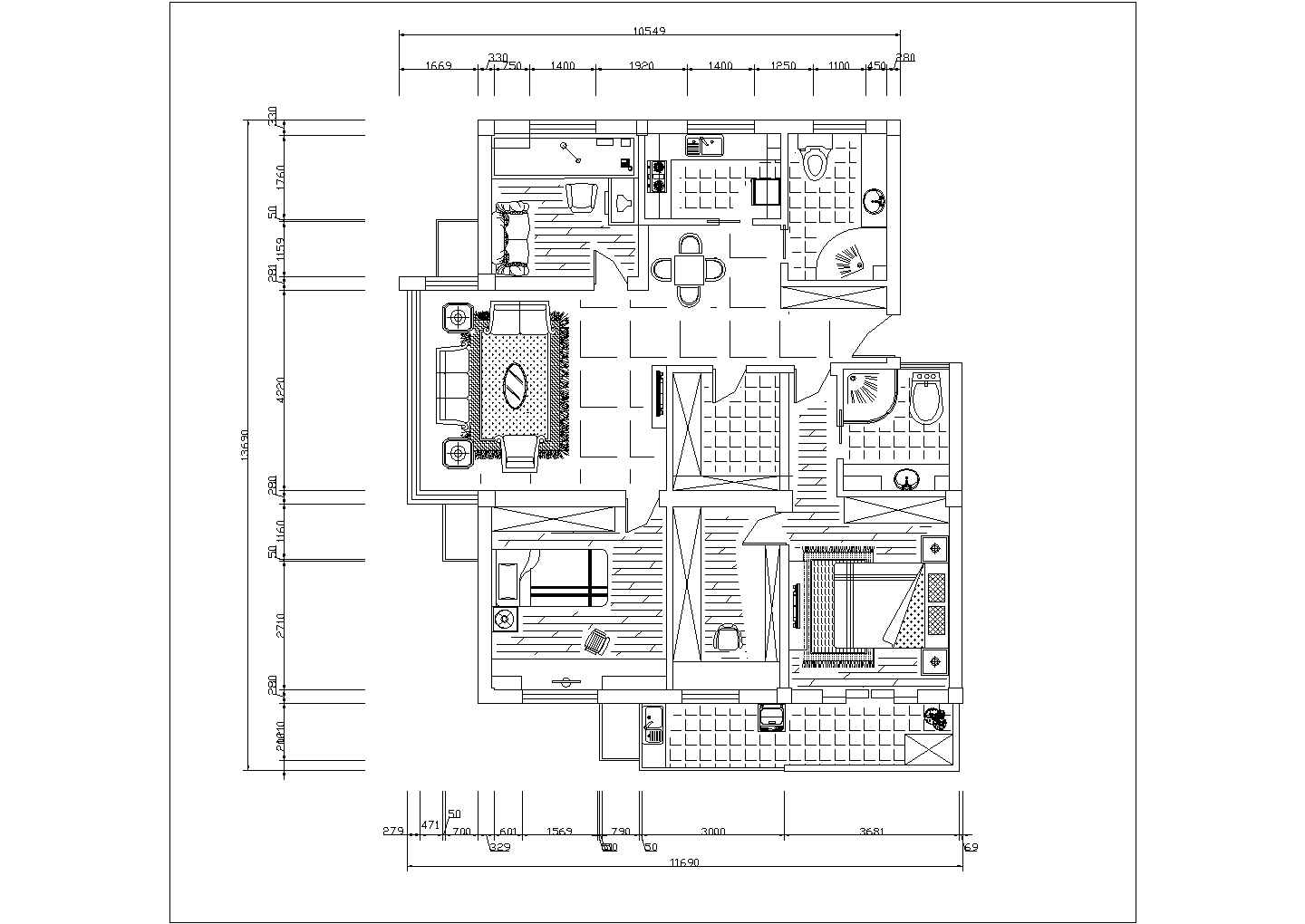 100平方紧凑型小三房两卧室带书房室内装修设计cad平面布置方案图纸