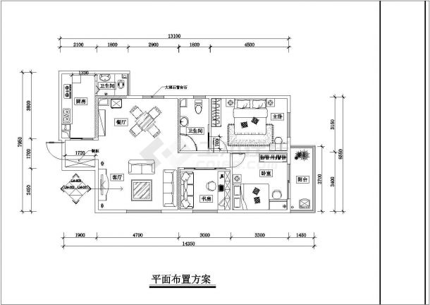 100平方米三室两厅小三房装饰装修设计cad平面方案图纸(卧室阳台)-图一