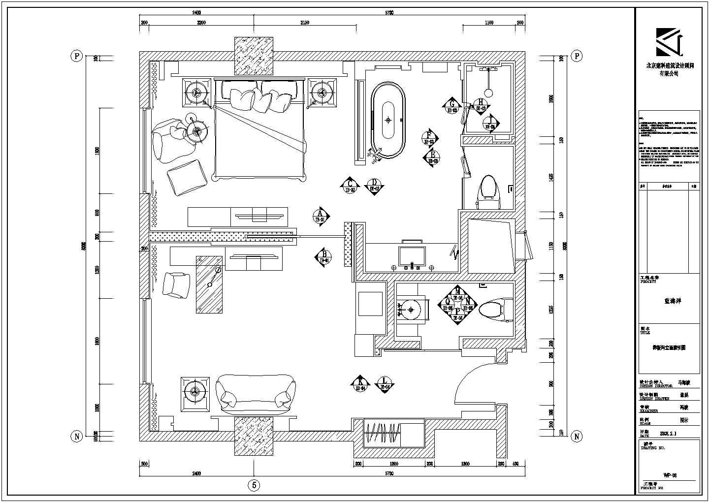 北京小户型二居室正方形户型样板房装饰装修设计cad平面布置方案图(8米乘8米)