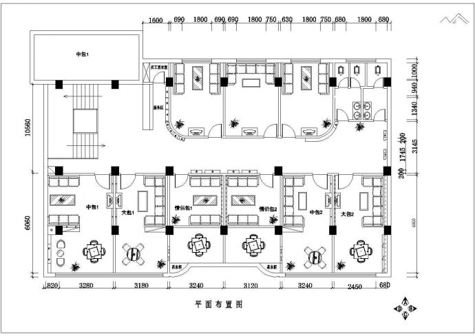 小型咖啡厅甜品店带包厢室内装修施工cad设计平面布置方案图纸_图1