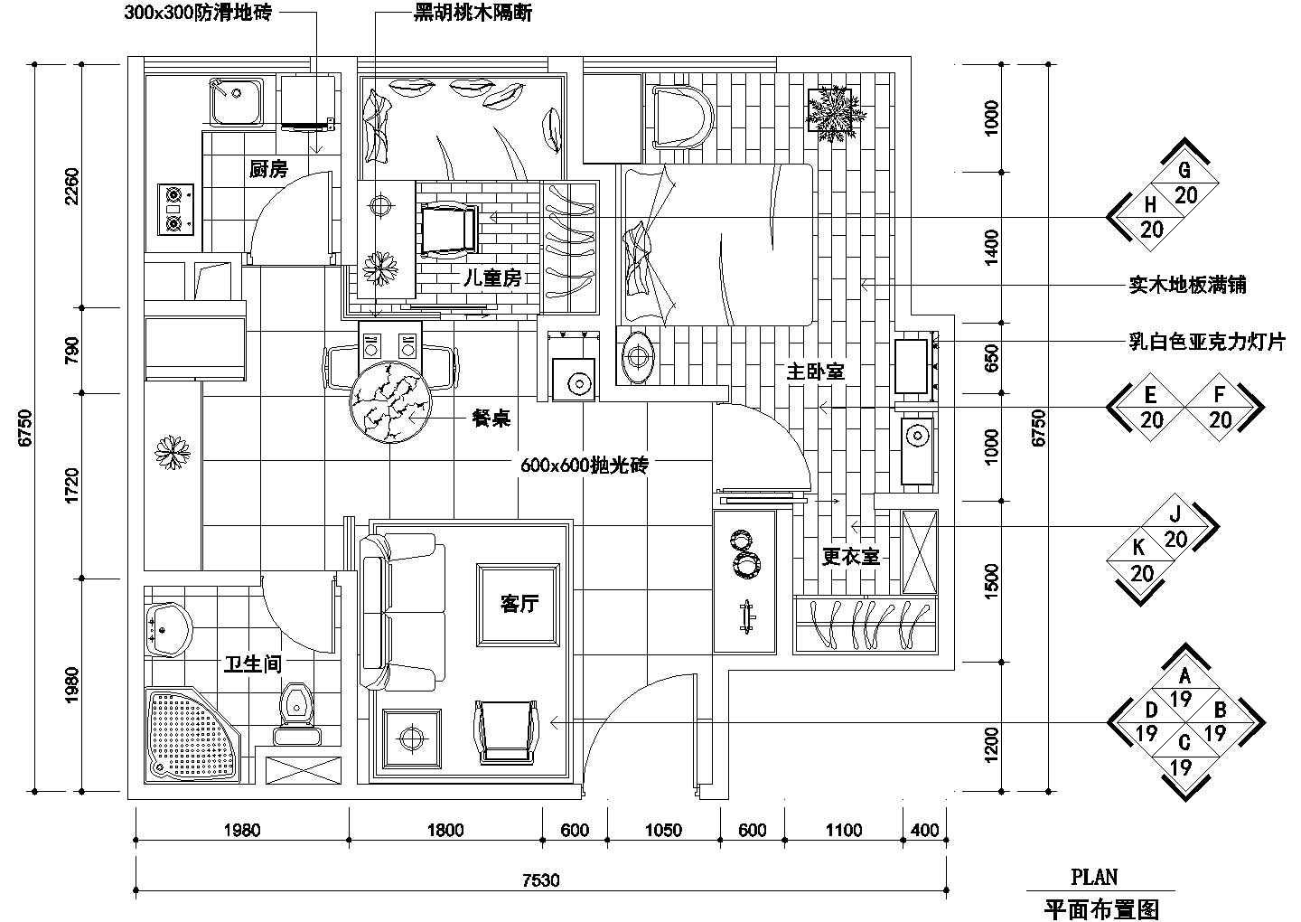 50平方米两室两厅现代小两房装修设计施工cad平面方案图纸