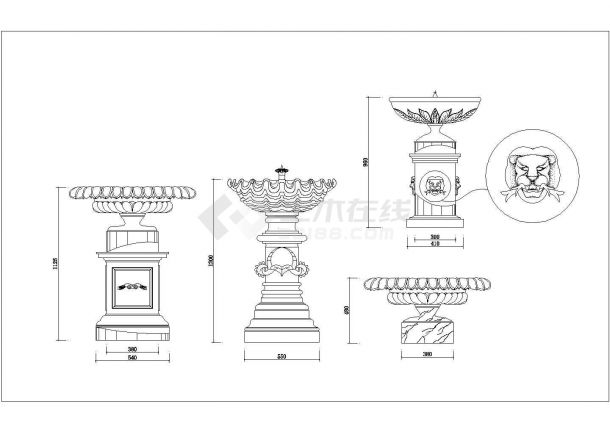 某地区喷泉古建筑设计立面施工图纸-图一