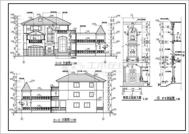 带廊厅落地窗三层豪华别墅详细建筑设计CAD图纸-图二
