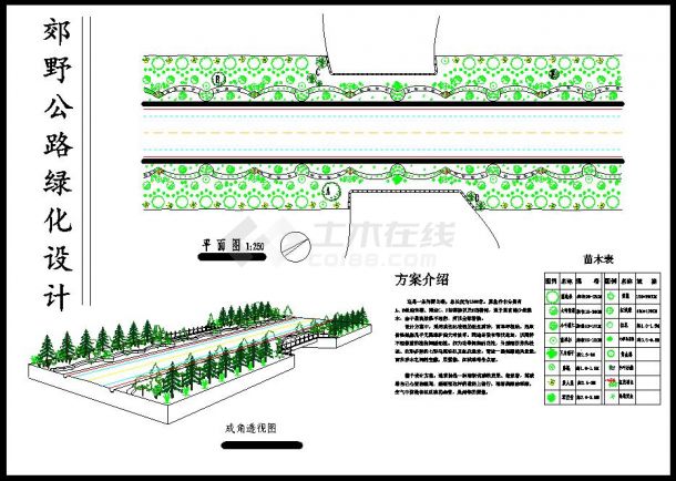 1500米郊野公路带透视图景观绿化设计cad平面布置图纸(植物配置清新优雅)-图一