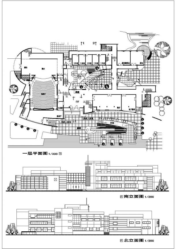 浙江省某乡镇文化中心CAD平立面方案图-图一