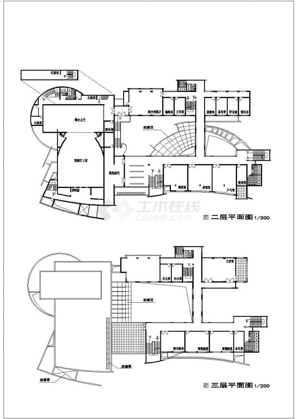 浙江省某乡镇文化中心CAD平立面方案图-图二