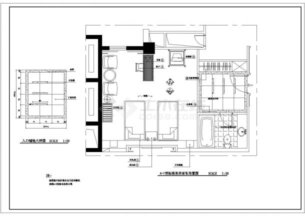 室内装修标准客房家私设计cad平面布置图-图二