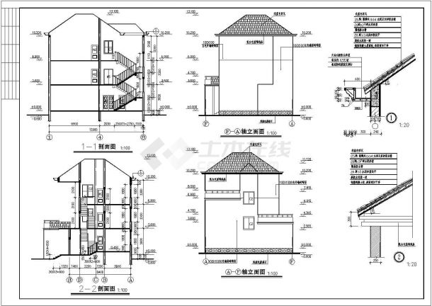 多露台三层砖混小别墅详细建筑设计施工图-图一