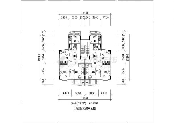 陕西省某城市高层套型户型CAD平面图-图二