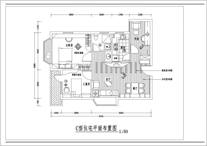 两室两厅住宅室内装修cad平面布置施工图纸_图1