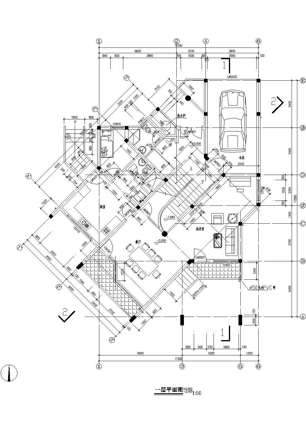 某地排屋别墅一层建筑施工平面cad图纸