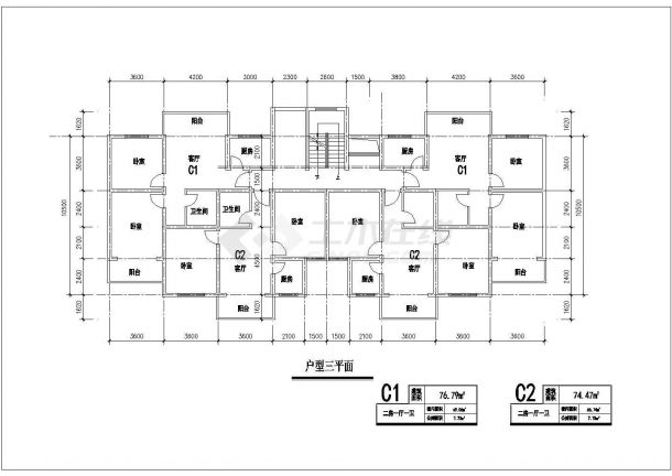 江苏省某城市小区五栋CAD户型设计图-图一