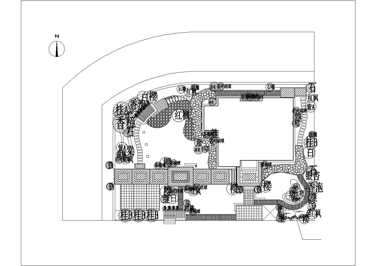 某庭院全套绿化铺装中式景观cad施工图