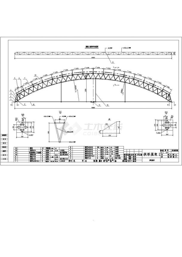 某地18米三连跨轻钢结构拱棚、拱形屋架结构施工图-图一