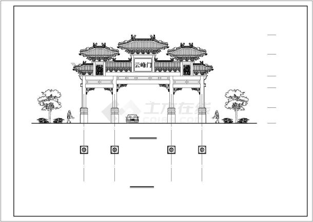 某地区四柱七楼牌楼CAD设计图纸-图一