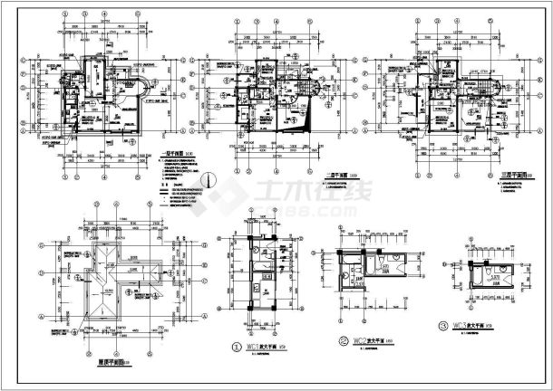 某地欧式小型多层别墅建筑施工平面图-图二