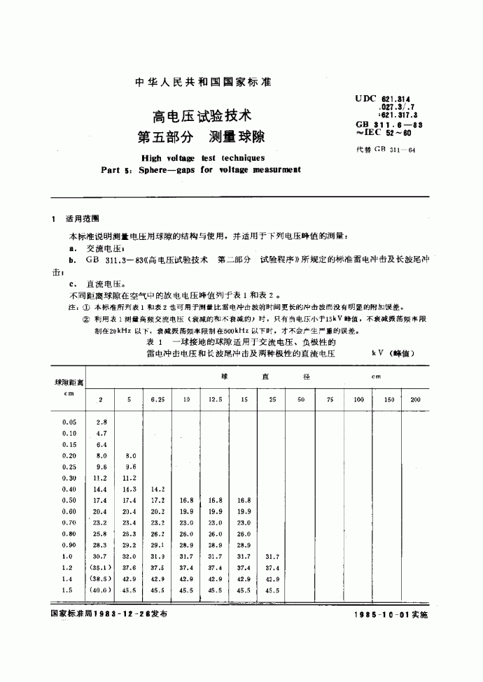 GB311.6-83高电压试验技术第五部分测量球隙_图1