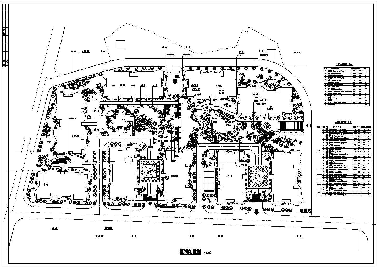 六栋住宅楼小区植物配置cad平面图