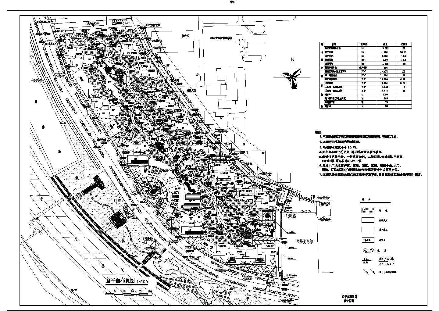 居住区规划总用地3.692ha住户605套小区规划总平面图（含综合技术经济指标及说明）