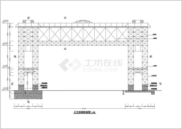 某商业步行街门楼建筑设计详细图纸-图二