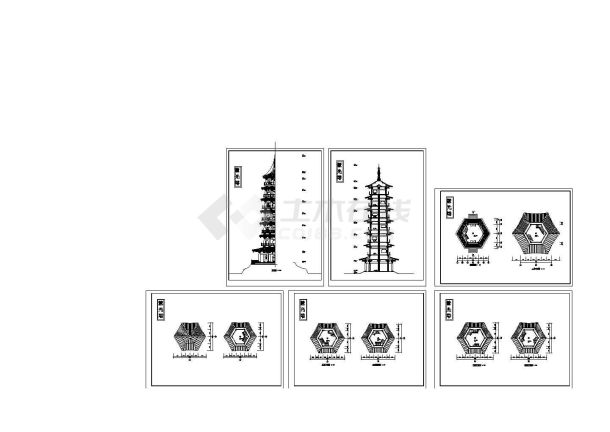7层砖混结构古塔设计cad图，共6张-图一