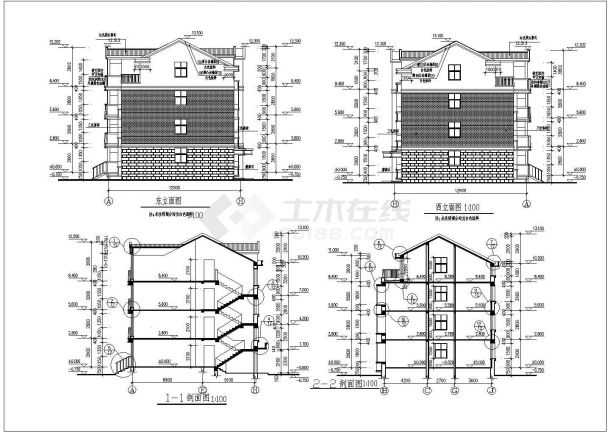 某地区全套四层三联排住宅楼建筑施工CAD设计图纸-图二