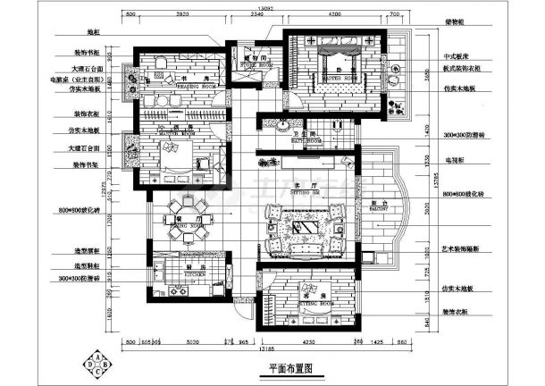 某市现代中式四房家装设计施工图纸-图二