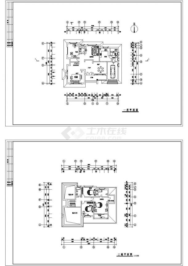 杭州某区二层别墅建筑平面设计cad图纸，共2张-图一