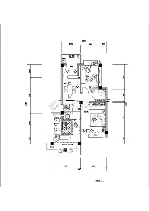 一套经典两室住宅室内装修cad平面设计图纸-图二