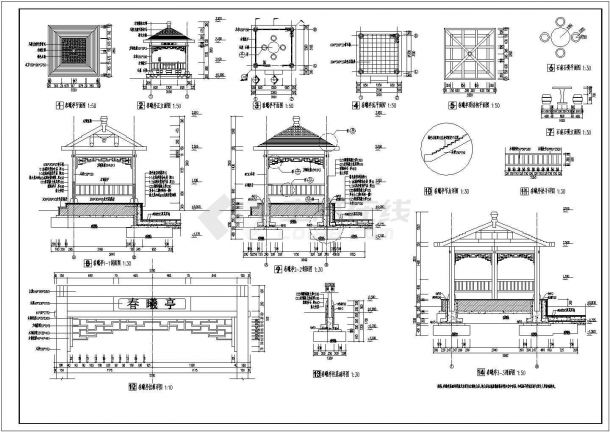 亭与景墙盆景建筑施工图（标注详细）-图二