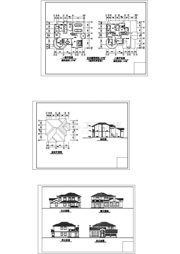 某多套二层别墅建筑施工设计cad图纸，共3张-图一