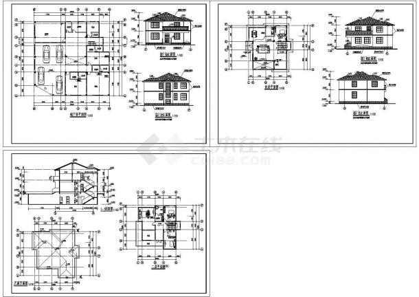豪华住宅二层别墅B型施工设计cad图纸，共3张-图一