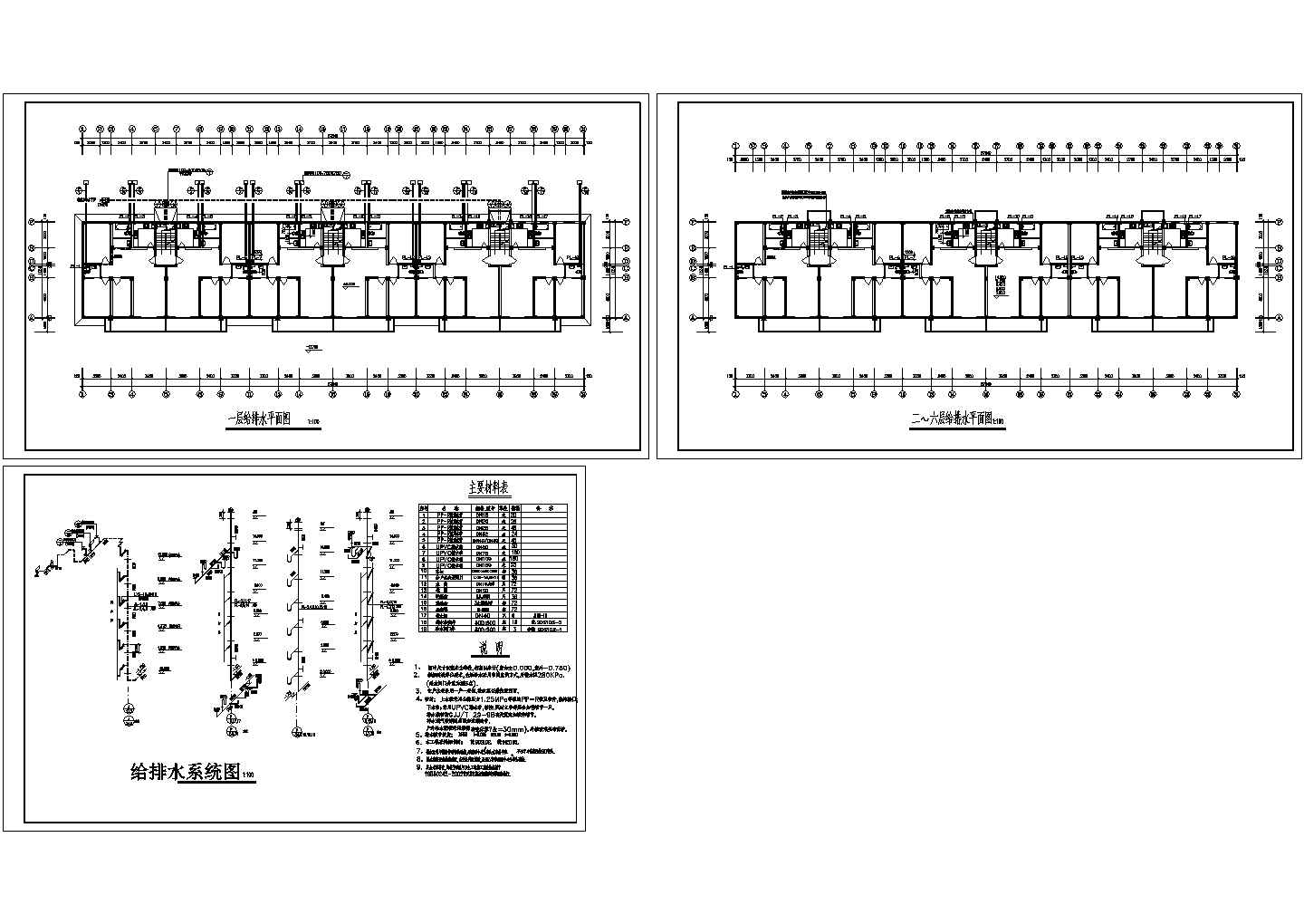 6层1梯2户3单元普通住宅楼给排水设计图