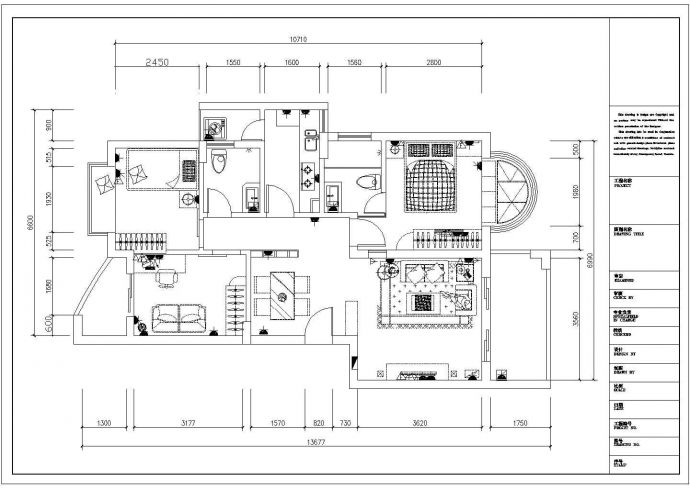 某百平大三居室内装修cad平立面施工图纸_图1