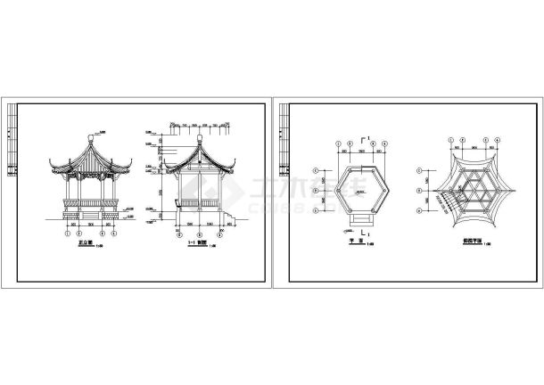 观景亭建筑图纸六角亭（长3.6米 宽3.12米）-图一