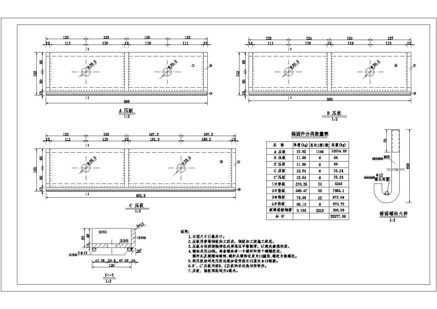 城市水利工程橡胶坝锚固件结构布置图