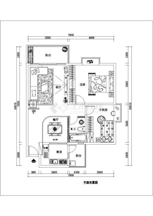 经典两室两厅户型装修cad平面施工设计图-图二