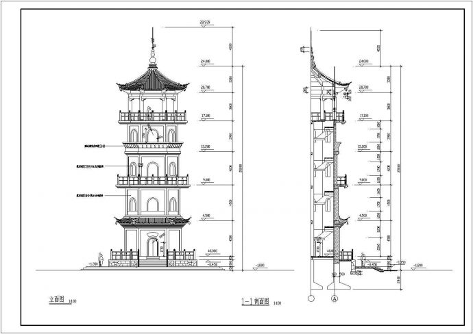 5层仿古代景观塔详细施工cad图纸_图1