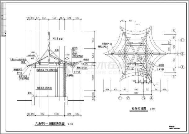 某公园木结构六角亭建筑结构设计施工图-图一