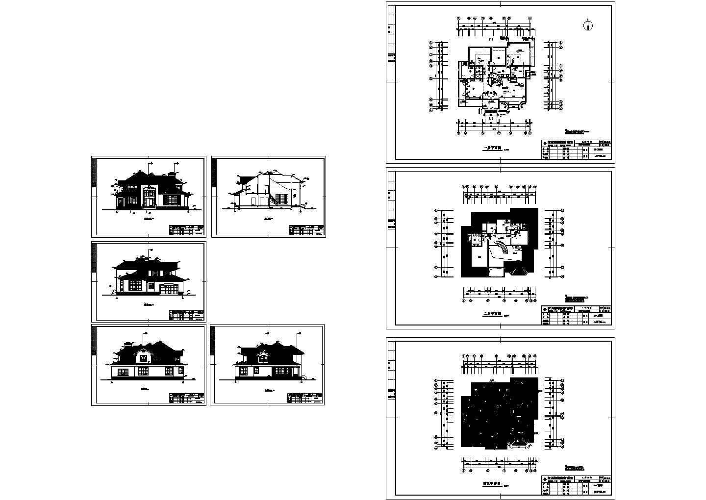 二层别墅各层平面设计施工cad图纸，共八张