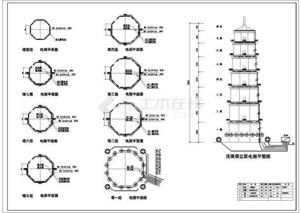 某 连珠塔立面电气照明平面图-图一